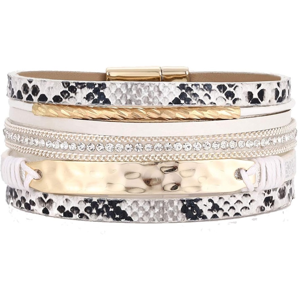 Leopard Leather Wrap Bracelet Crystal Wide Cuff Bracelets Multi-Layer Bangle